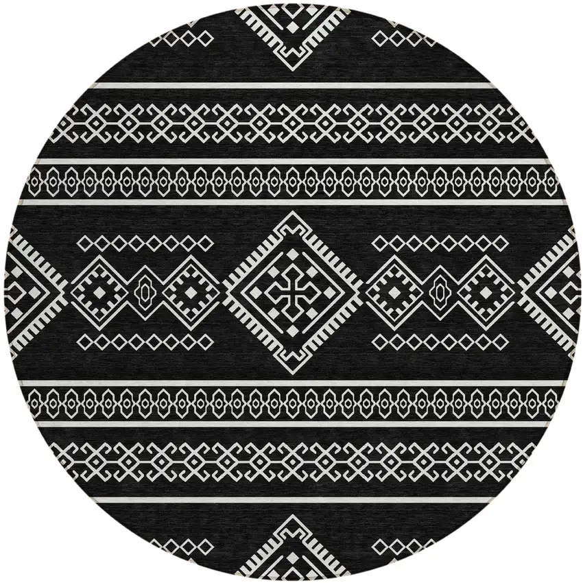 8' Black And Ivory Round Southwestern Washable Indoor Outdoor Area Rug Photo 2