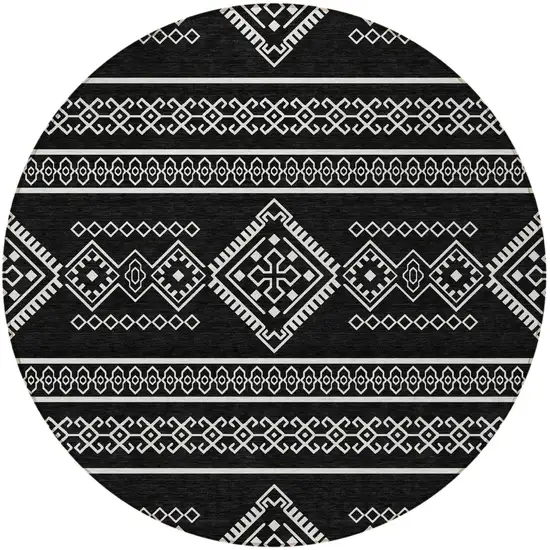 8' Black And Ivory Round Southwestern Washable Indoor Outdoor Area Rug Photo 5