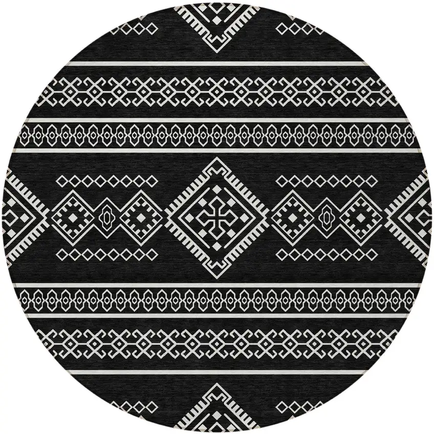 8' Black And Ivory Round Southwestern Washable Indoor Outdoor Area Rug Photo 5