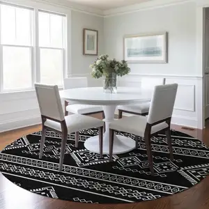 Photo of 8' Black And Ivory Round Southwestern Washable Indoor Outdoor Area Rug