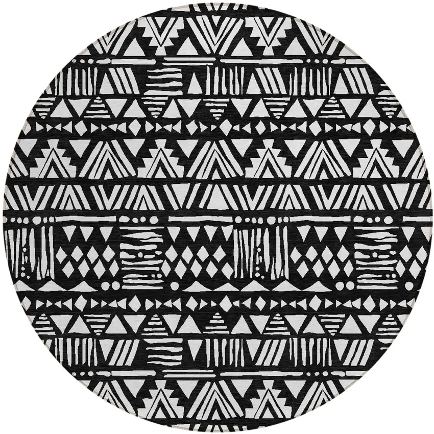 8' Black And Ivory Round Southwestern Washable Indoor Outdoor Area Rug Photo 2