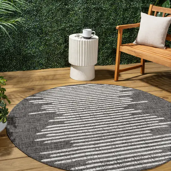 6' Black And Ivory Round Striped Indoor Outdoor Area Rug Photo 5