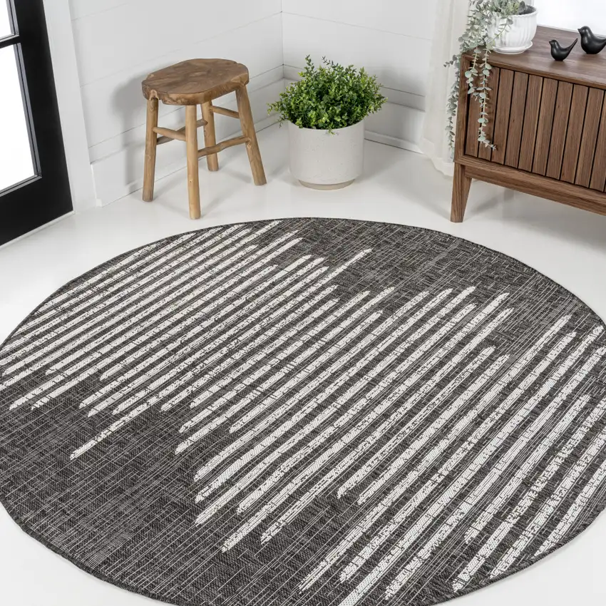 6' Black And Ivory Round Striped Indoor Outdoor Area Rug Photo 4