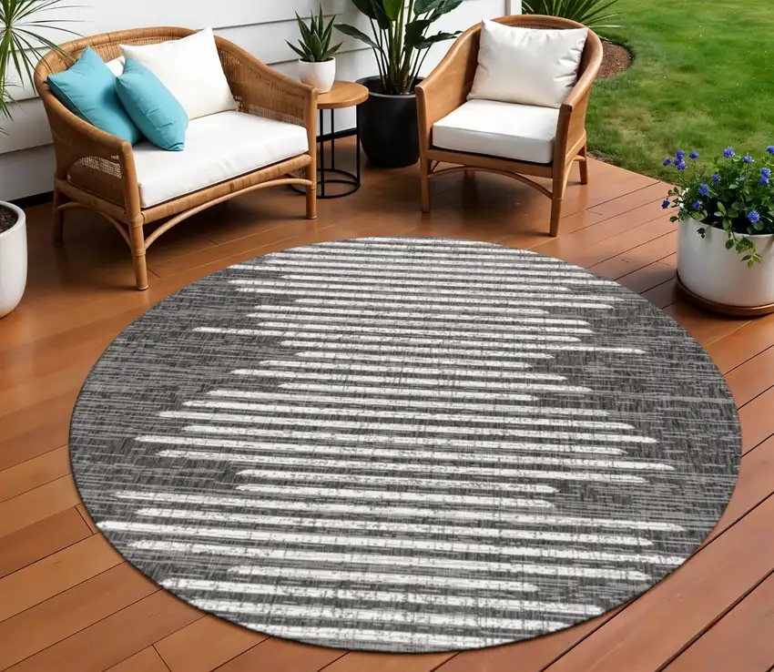 8' Black And Ivory Round Striped Indoor Outdoor Area Rug Photo 1