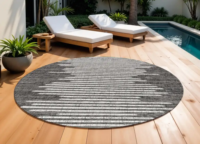 9' Black And Ivory Round Striped Indoor Outdoor Area Rug Photo 1