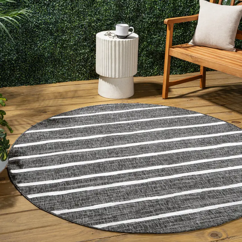 6' Black And Ivory Round Striped Indoor Outdoor Area Rug Photo 5