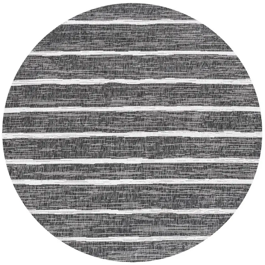 8' Black And Ivory Round Striped Indoor Outdoor Area Rug Photo 3