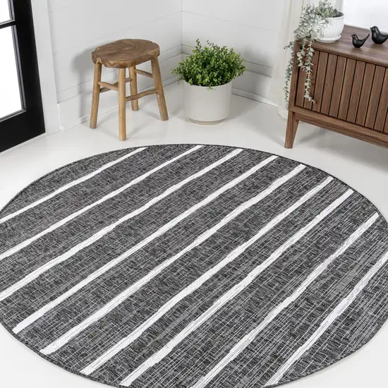 9' Black And Ivory Round Striped Indoor Outdoor Area Rug Photo 4