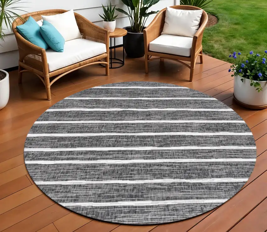 9' Black And Ivory Round Striped Indoor Outdoor Area Rug Photo 1