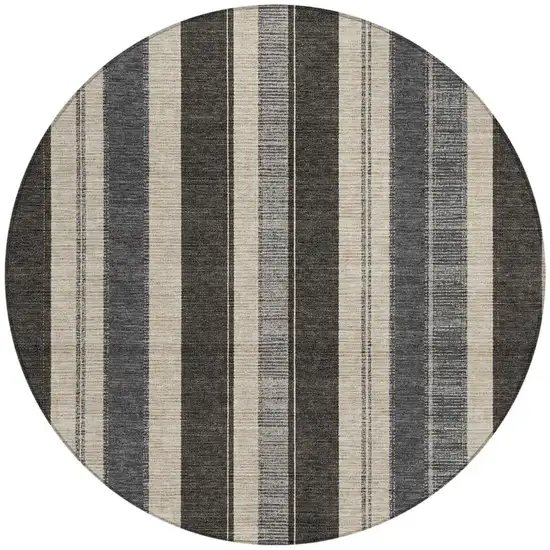 8' Black And Ivory Round Striped Washable Indoor Outdoor Area Rug Photo 3