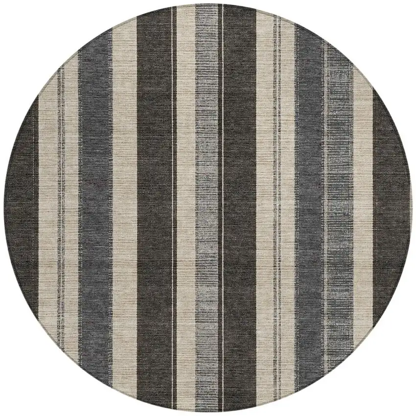 8' Black And Ivory Round Striped Washable Indoor Outdoor Area Rug Photo 3