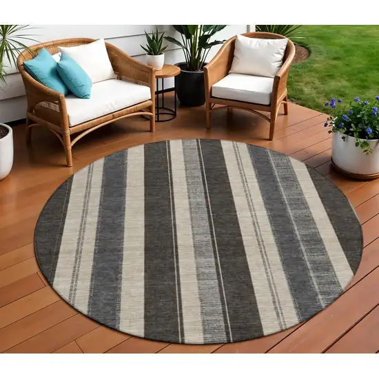 8' Black And Ivory Round Striped Washable Indoor Outdoor Area Rug Photo 2