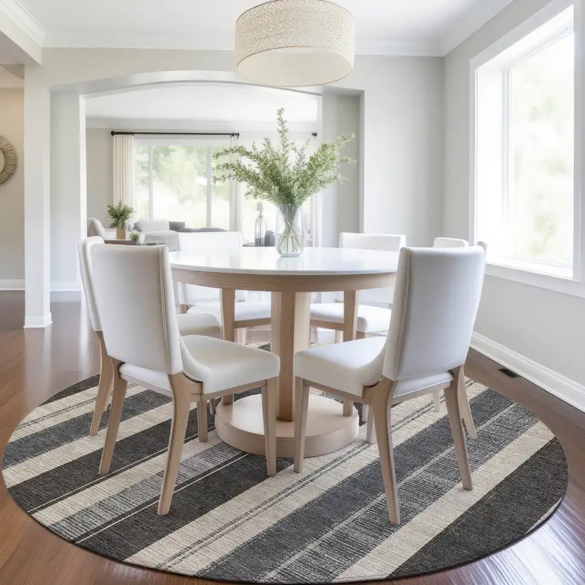 8' Black And Ivory Round Striped Washable Indoor Outdoor Area Rug Photo 7