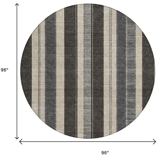 8' Black And Ivory Round Striped Washable Indoor Outdoor Area Rug Photo 9