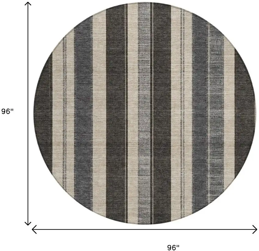 8' Black And Ivory Round Striped Washable Indoor Outdoor Area Rug Photo 9