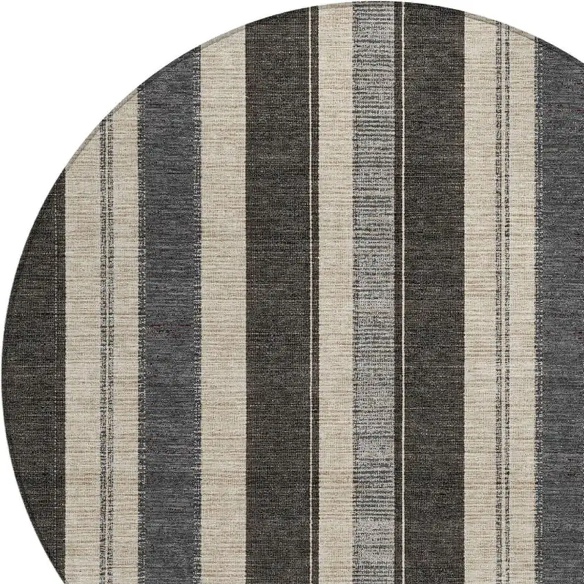 8' Black And Ivory Round Striped Washable Indoor Outdoor Area Rug Photo 9
