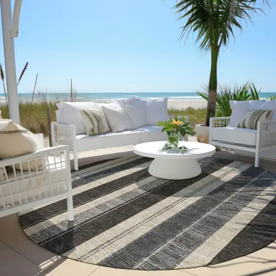 8' Black And Ivory Round Striped Washable Indoor Outdoor Area Rug Photo 6