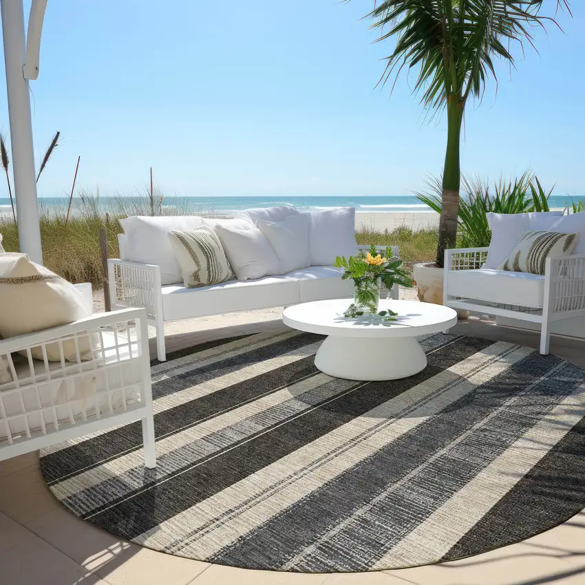 8' Black And Ivory Round Striped Washable Indoor Outdoor Area Rug Photo 6