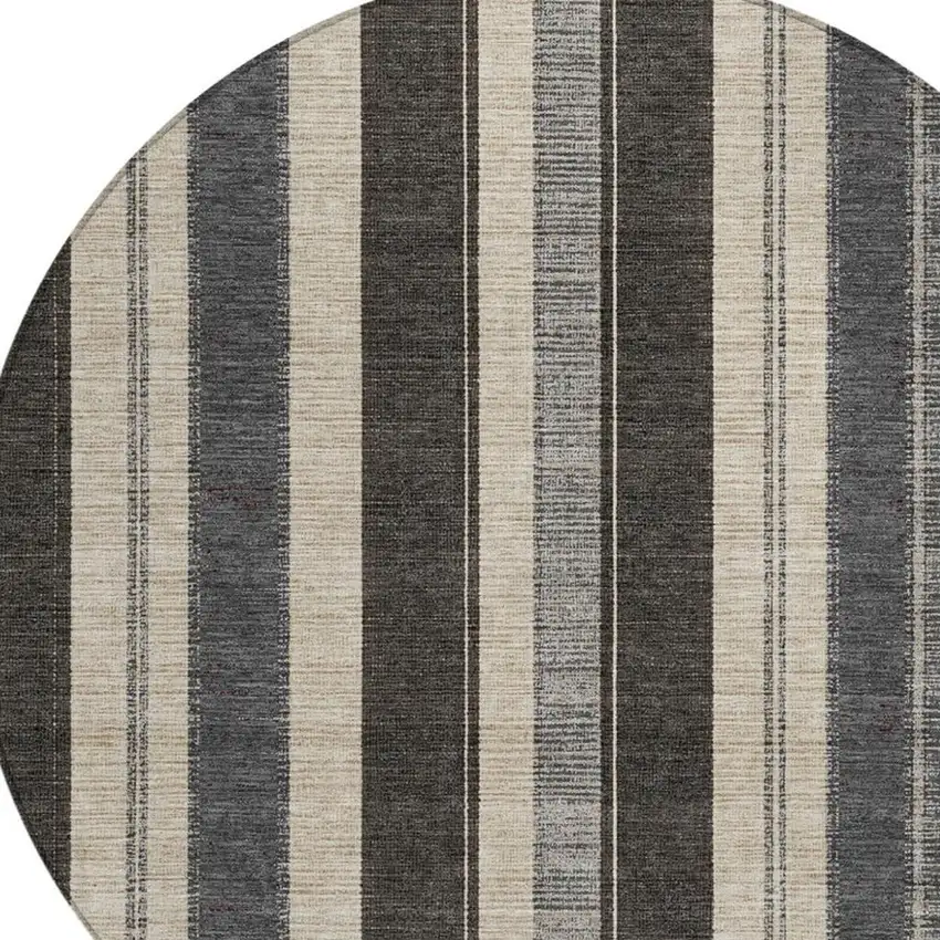 8' Black And Ivory Round Striped Washable Indoor Outdoor Area Rug Photo 4