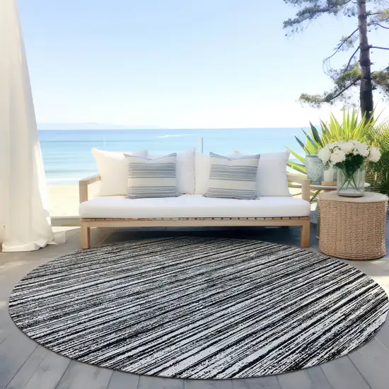 8' Black And Ivory Round Striped Washable Indoor Outdoor Area Rug Photo 6