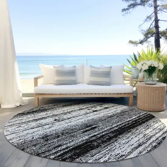 8' Black And Ivory Round Striped Washable Indoor Outdoor Area Rug Photo 6