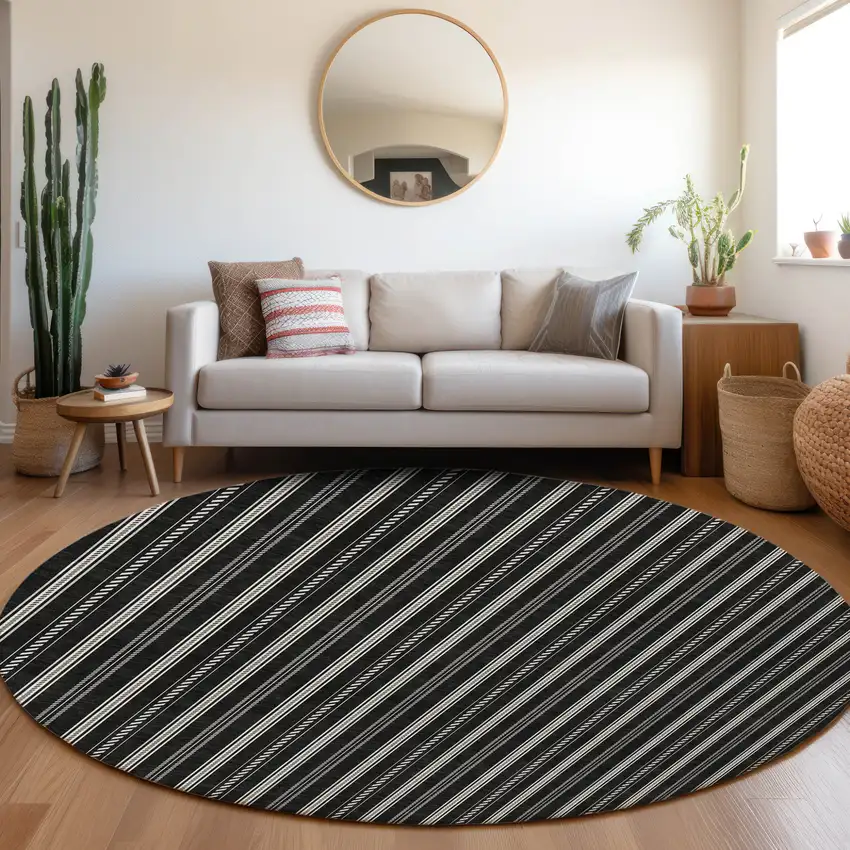 8' Black And Ivory Round Striped Washable Indoor Outdoor Area Rug Photo 7