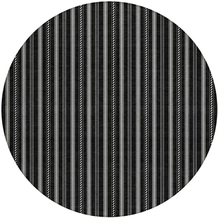 8' Black And Ivory Round Striped Washable Indoor Outdoor Area Rug Photo 2