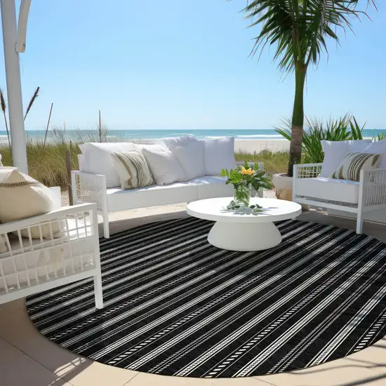 8' Black And Ivory Round Striped Washable Indoor Outdoor Area Rug Photo 6