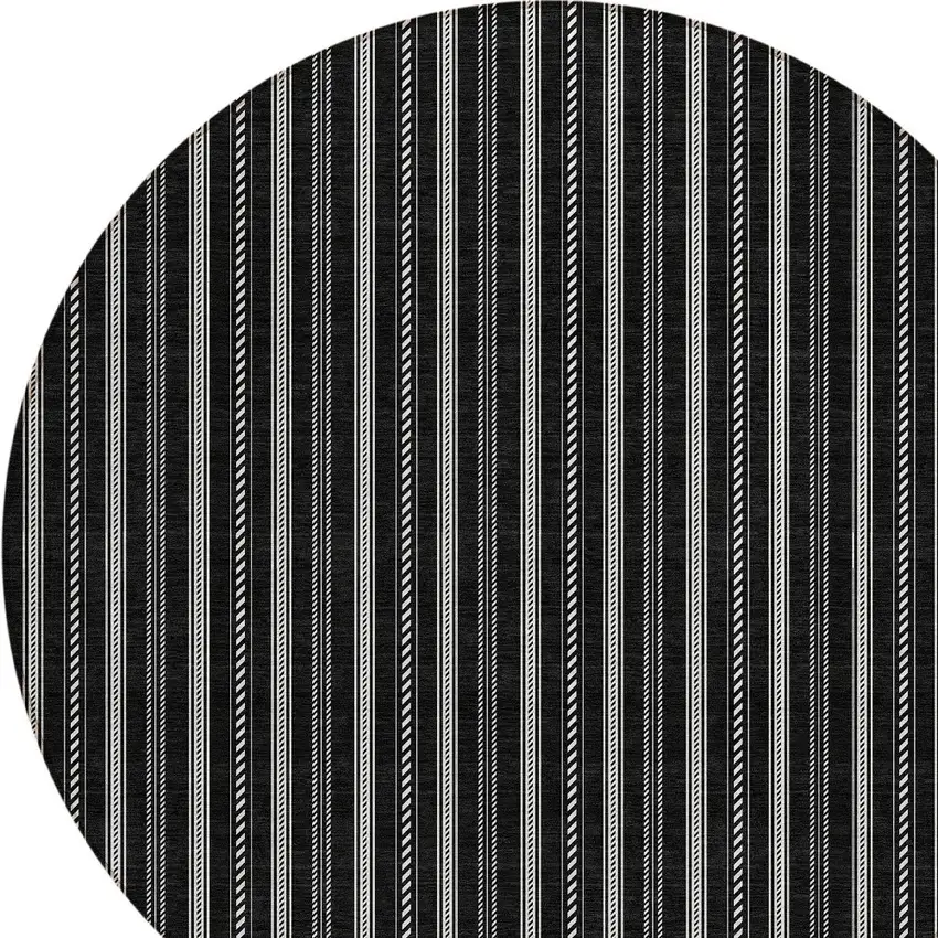 8' Black And Ivory Round Striped Washable Indoor Outdoor Area Rug Photo 5