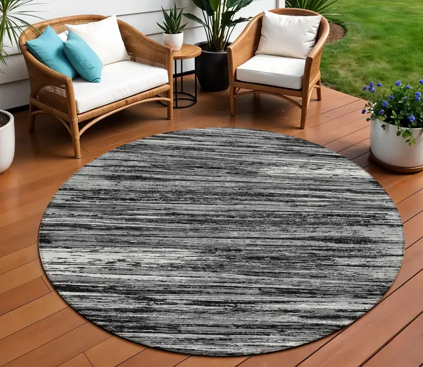 8' Black And Ivory Round Striped Washable Indoor Outdoor Area Rug Photo 1