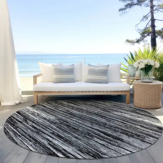 8' Black And Ivory Round Striped Washable Indoor Outdoor Area Rug Photo 6