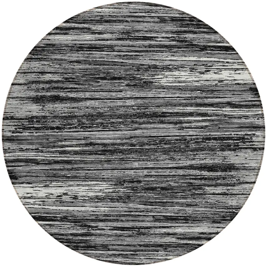 8' Black And Ivory Round Striped Washable Indoor Outdoor Area Rug Photo 2