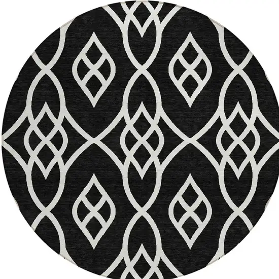 8' Black And Ivory Round Trellis Washable Indoor Outdoor Area Rug Photo 5