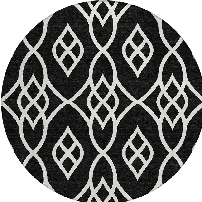 8' Black And Ivory Round Trellis Washable Indoor Outdoor Area Rug Photo 5