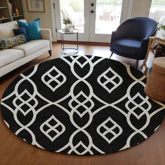 8' Black And Ivory Round Trellis Washable Indoor Outdoor Area Rug Photo 7