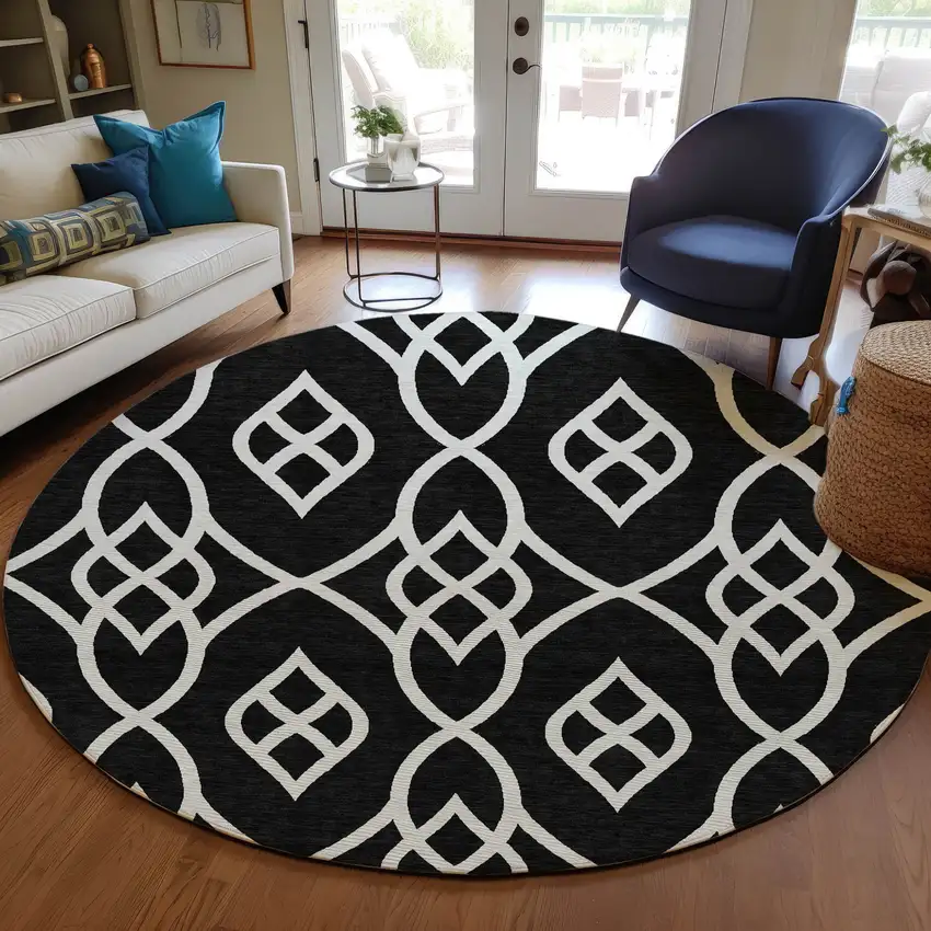 8' Black And Ivory Round Trellis Washable Indoor Outdoor Area Rug Photo 7