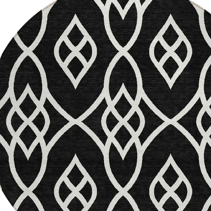 8' Black And Ivory Round Trellis Washable Indoor Outdoor Area Rug Photo 4