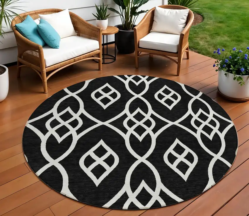 8' Black And Ivory Round Trellis Washable Indoor Outdoor Area Rug Photo 1