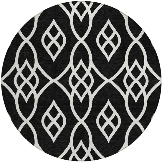8' Black And Ivory Round Trellis Washable Indoor Outdoor Area Rug Photo 2