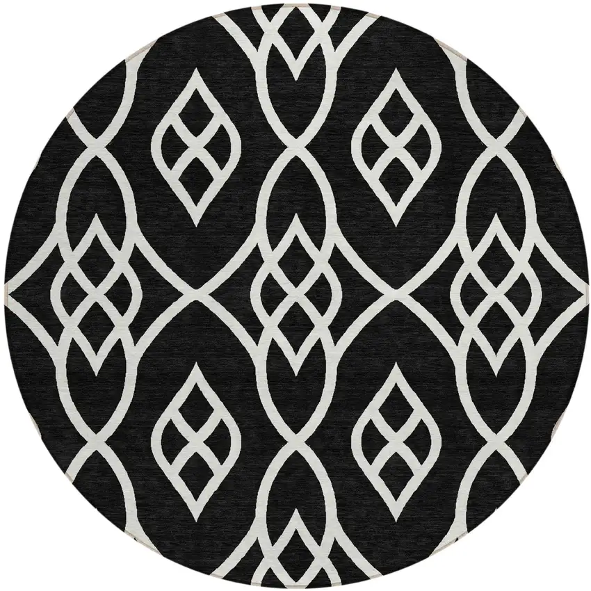 8' Black And Ivory Round Trellis Washable Indoor Outdoor Area Rug Photo 2