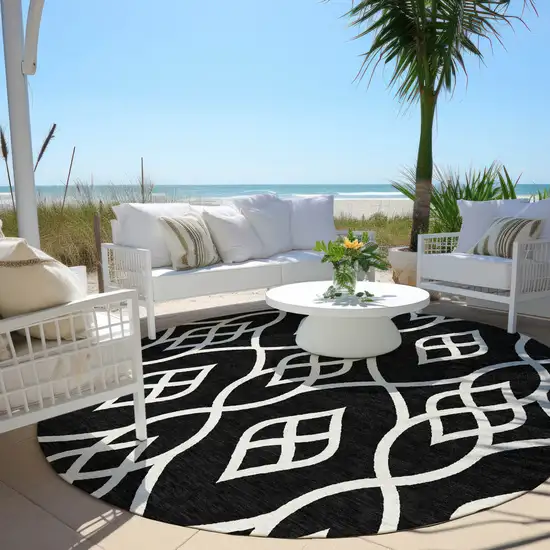 8' Black And Ivory Round Trellis Washable Indoor Outdoor Area Rug Photo 6