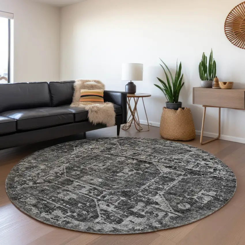8' Black And Ivory Round Tribal Washable Indoor Outdoor Area Rug Photo 5