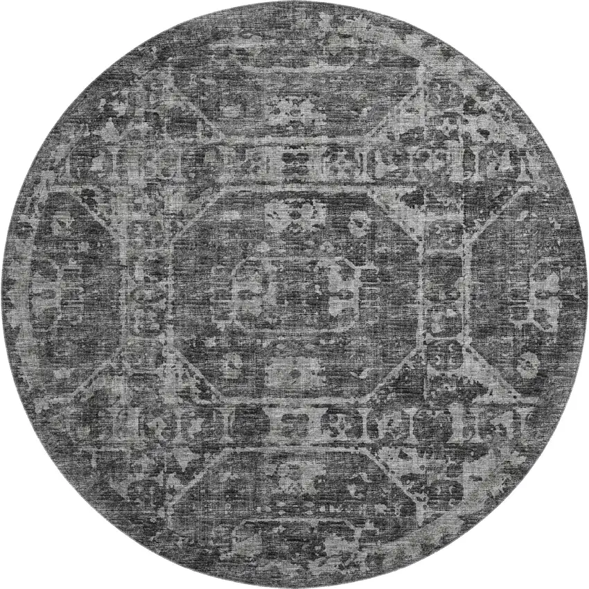 8' Black And Ivory Round Tribal Washable Indoor Outdoor Area Rug Photo 2