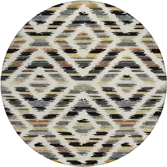 8' Black And Ivory Round Tribal Washable Indoor Outdoor Area Rug Photo 1