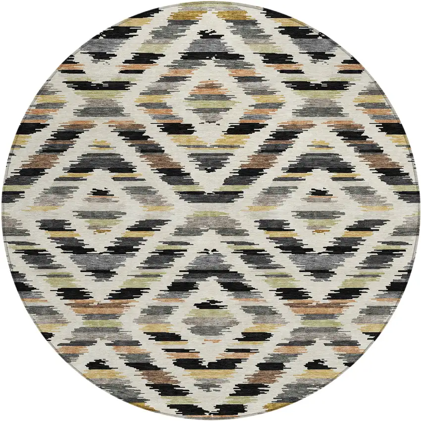8' Black And Ivory Round Tribal Washable Indoor Outdoor Area Rug Photo 1