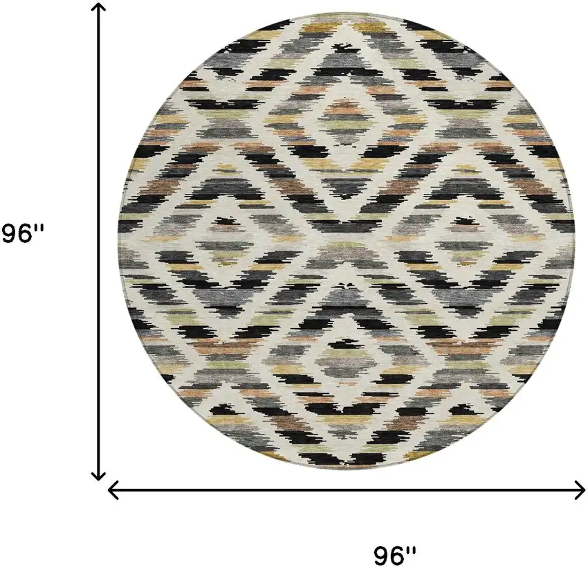 8' Black And Ivory Round Tribal Washable Indoor Outdoor Area Rug Photo 8