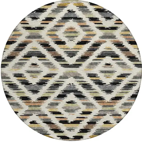 8' Black And Ivory Round Tribal Washable Indoor Outdoor Area Rug Photo 3
