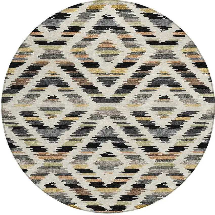 8' Black And Ivory Round Tribal Washable Indoor Outdoor Area Rug Photo 3