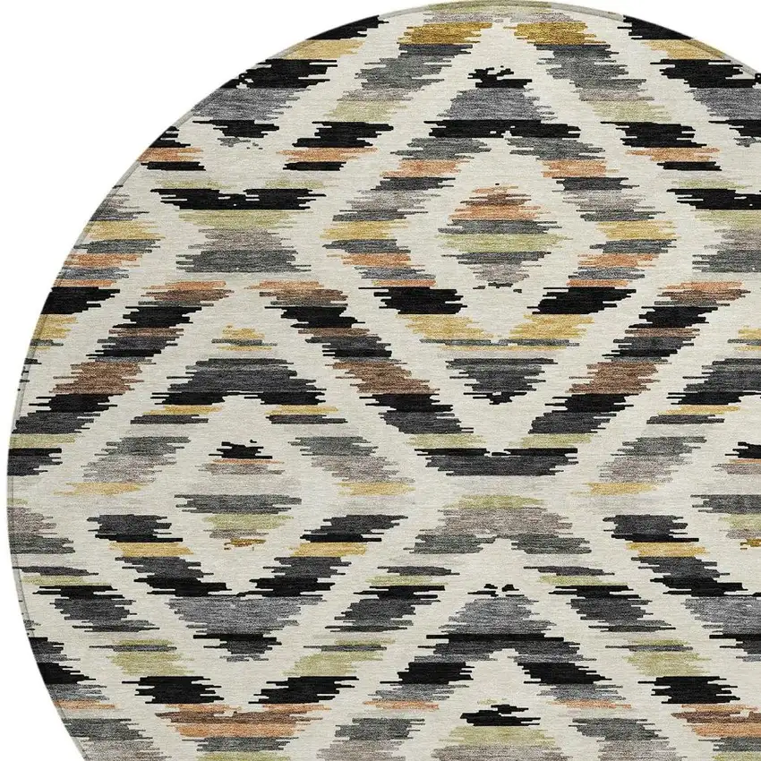 8' Black And Ivory Round Tribal Washable Indoor Outdoor Area Rug Photo 2