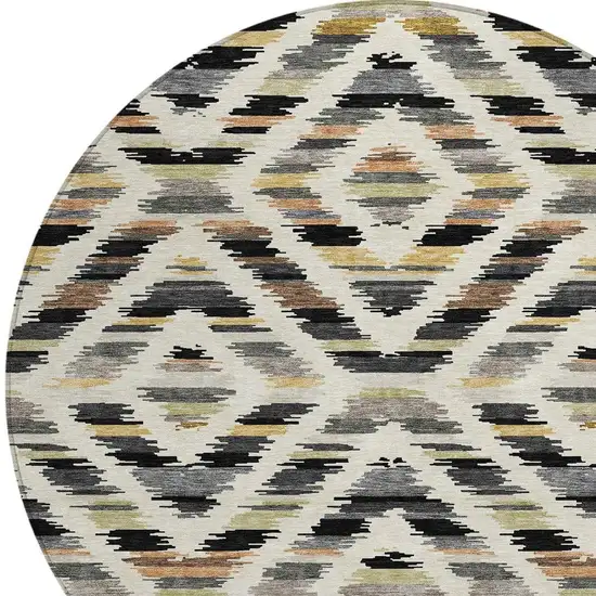 8' Black And Ivory Round Tribal Washable Indoor Outdoor Area Rug Photo 2